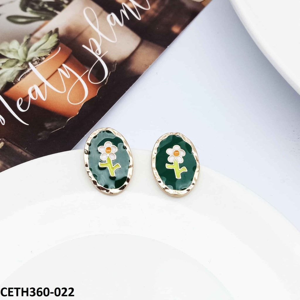 Oval Painted Flower Stud Tops Pair