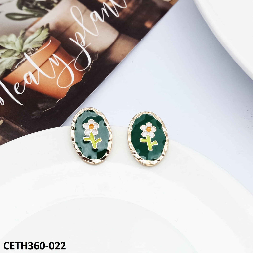 Oval Painted Flower Stud Tops Pair