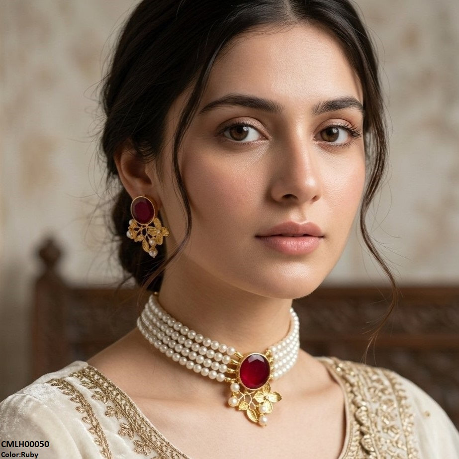 Circle Flower Pearl Choker Set