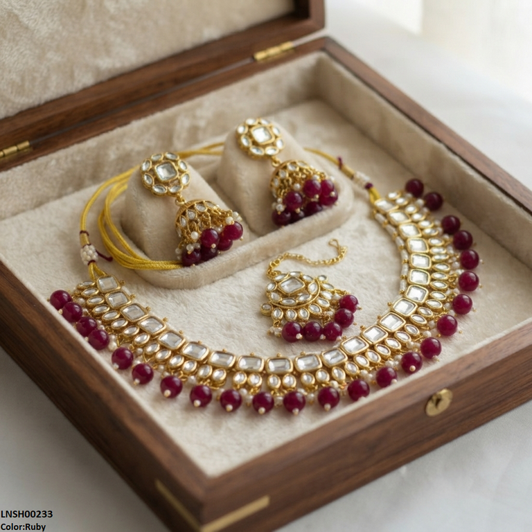 Square/Oval Stone Pearl Drop Rajwari Necklace Set