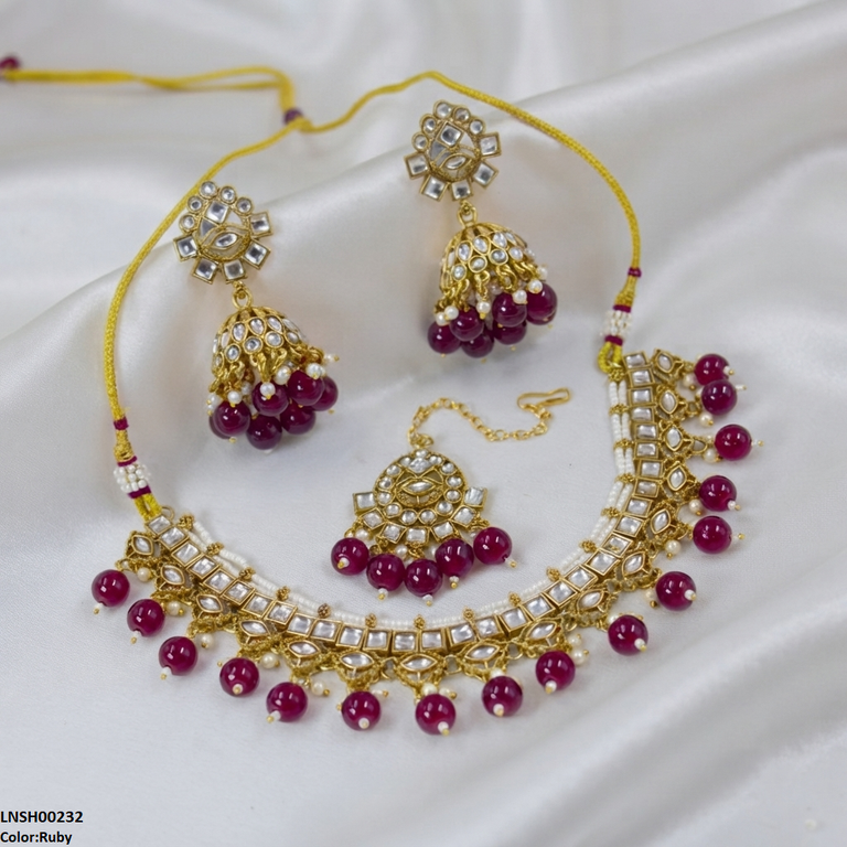 Square Stone Pearl Drop Rajwari Necklace Set