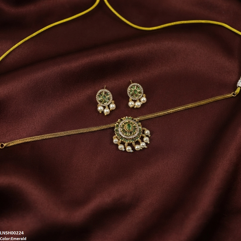 Oval Flower Pearl Drop South Indian Necklace Set