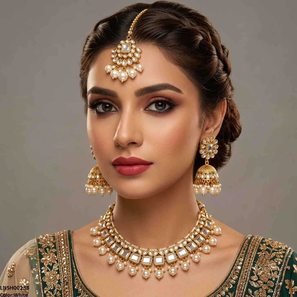 Marquise/Square Stone Pearl Drop Rajwari Necklace Set