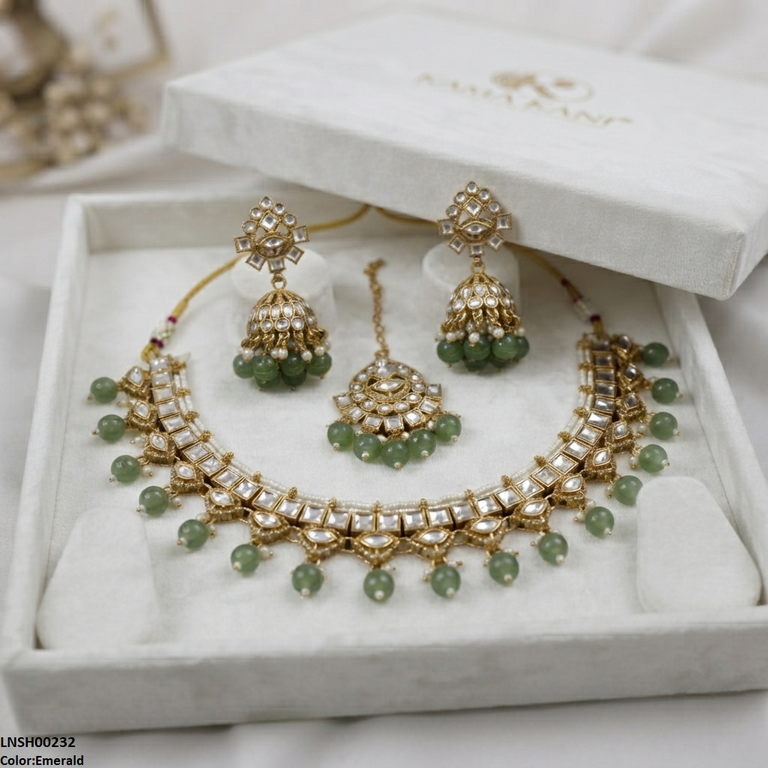 Square Stone Pearl Drop Rajwari Necklace Set