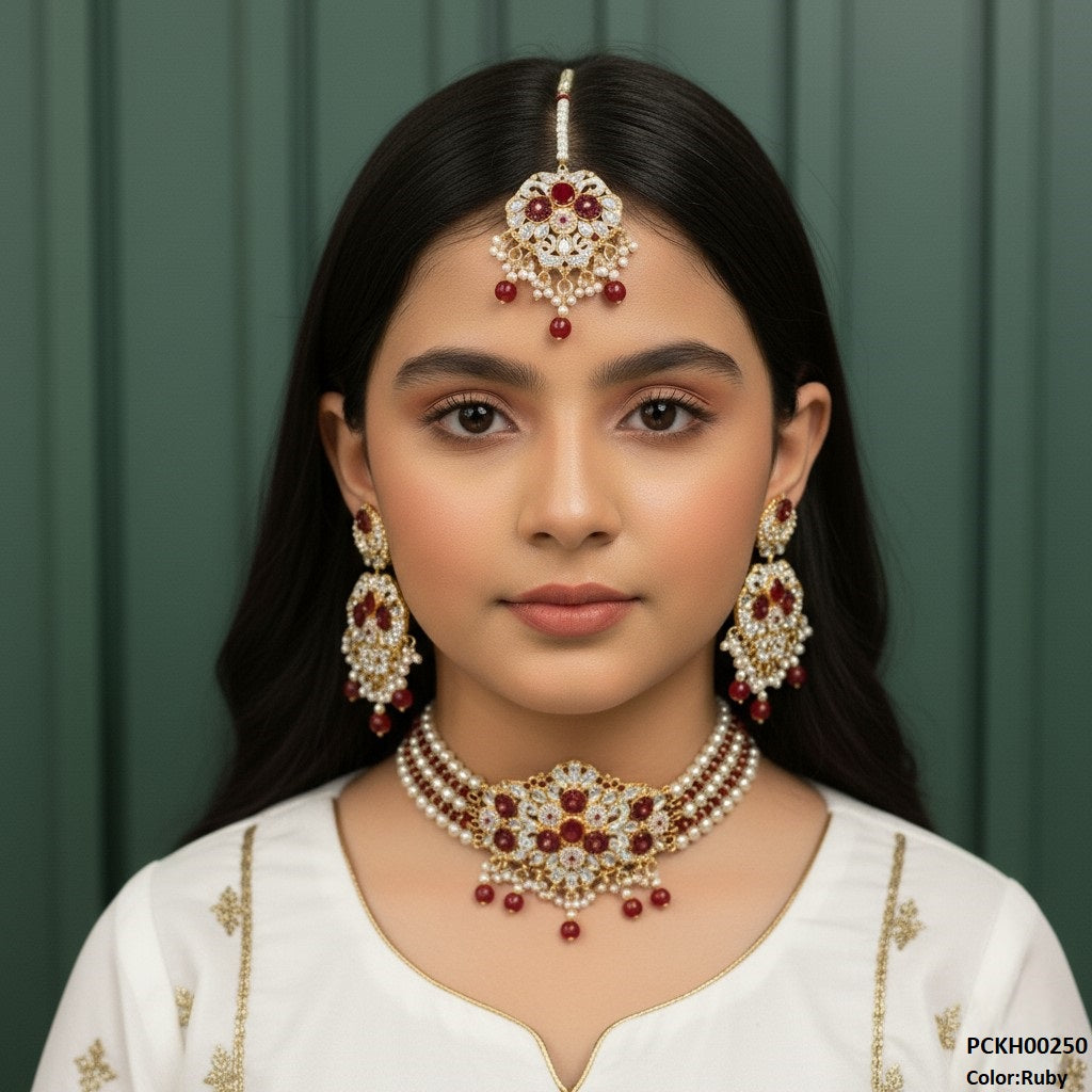 Oval Flower Pearl Drop Choker Set