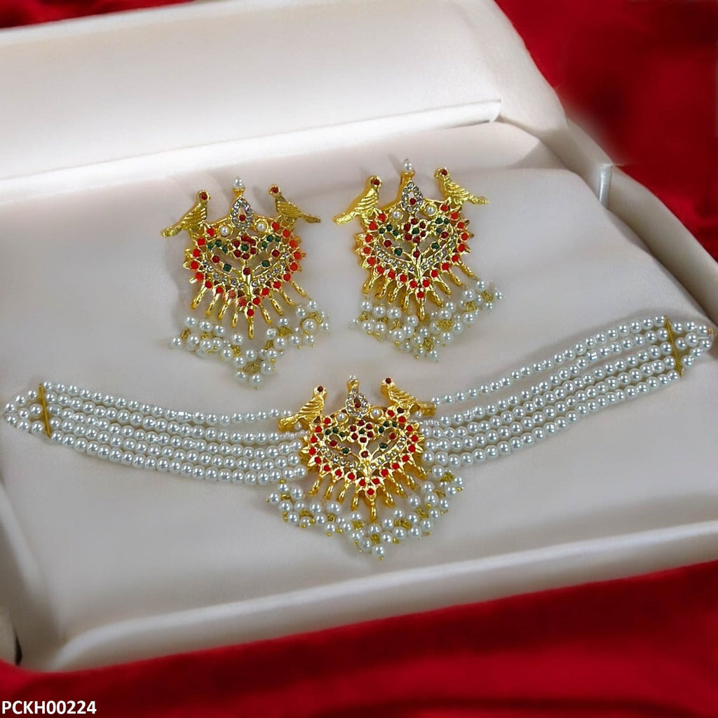 Multi Stone Pearl Choker Set