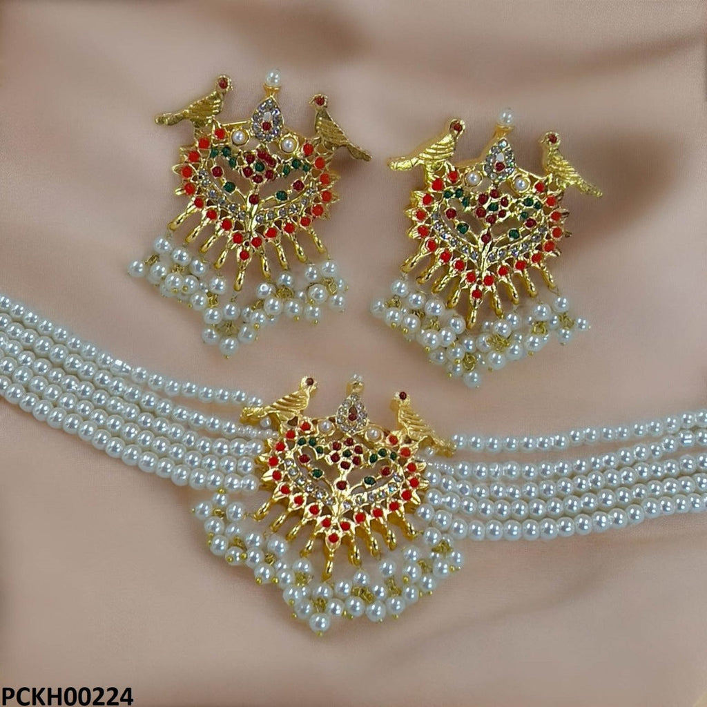 Multi Stone Pearl Choker Set