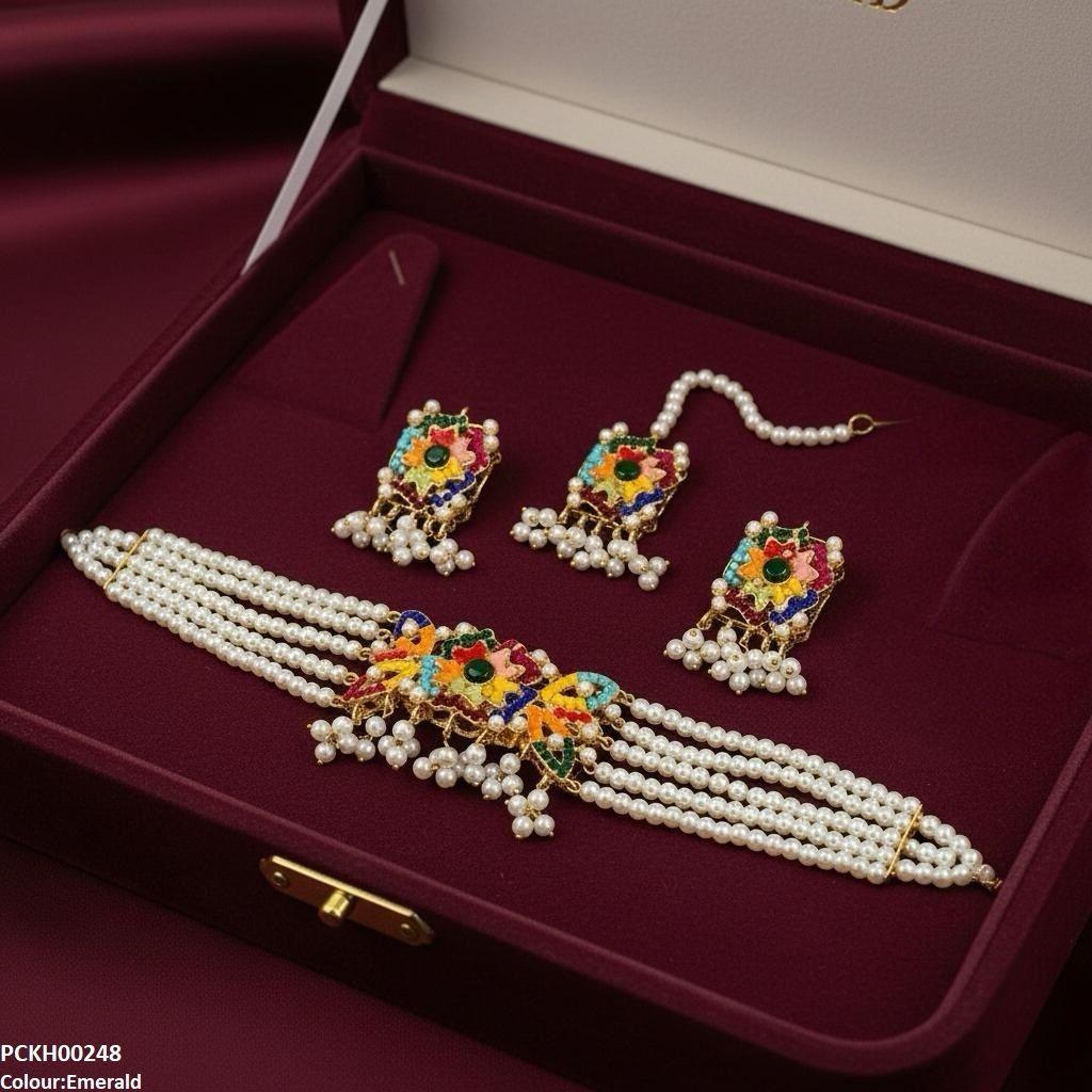 Multi Flower Pearl Drop Choker Set