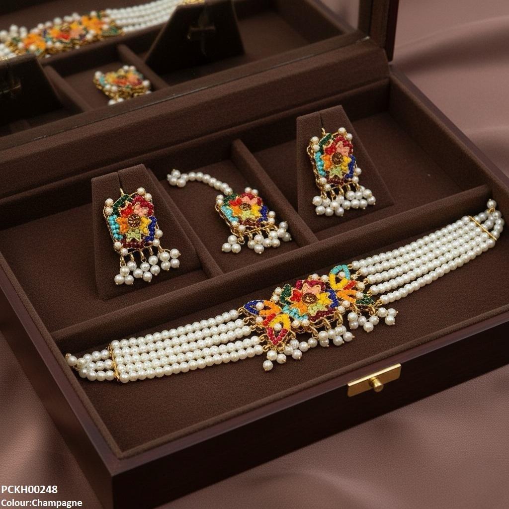 Multi Flower Pearl Drop Choker Set