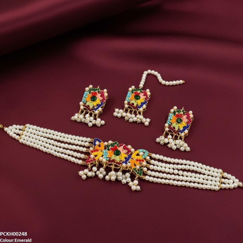 Multi Flower Pearl Drop Choker Set