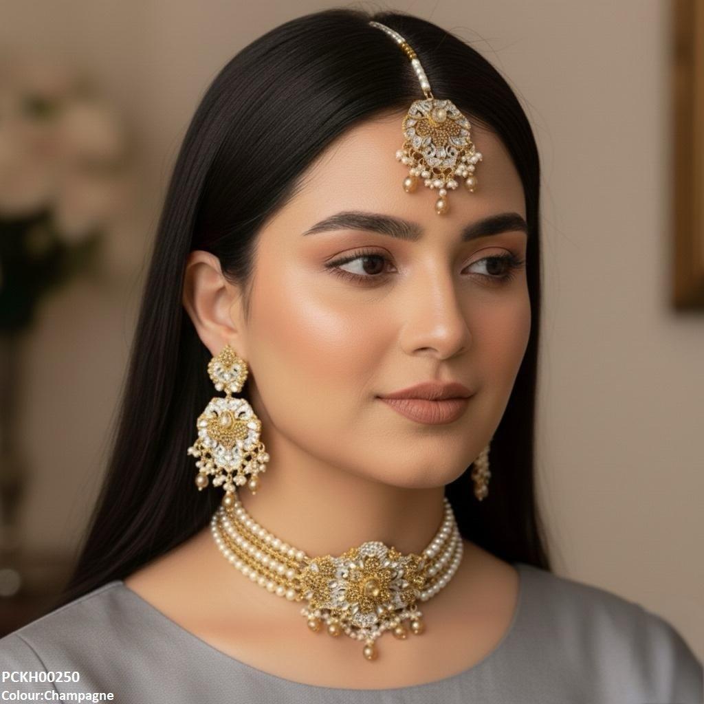 Oval Flower Pearl Drop Choker Set