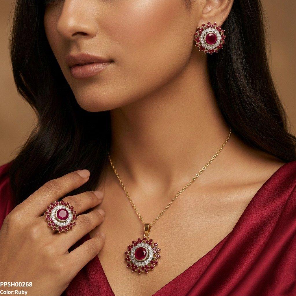 Round Stone Flower Pendant Set