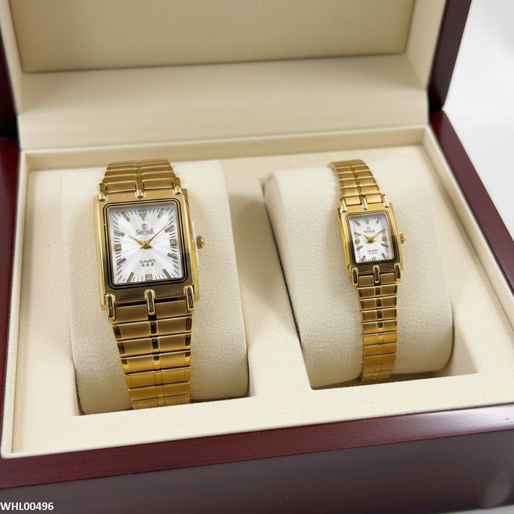Rectangle Bezel Stone Dial Couple Watch