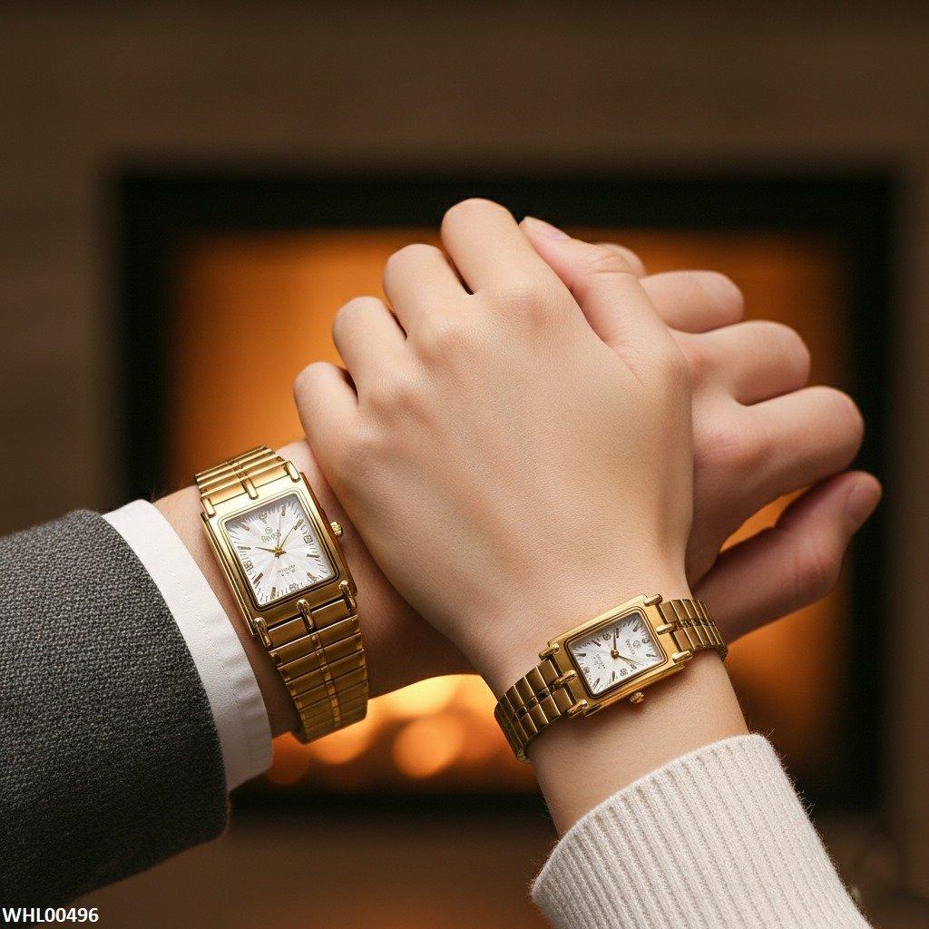 Rectangle Bezel Stone Dial Couple Watch