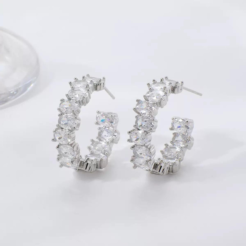 Stainless Steel Oval Zircon Stone Ear Hoops Pair