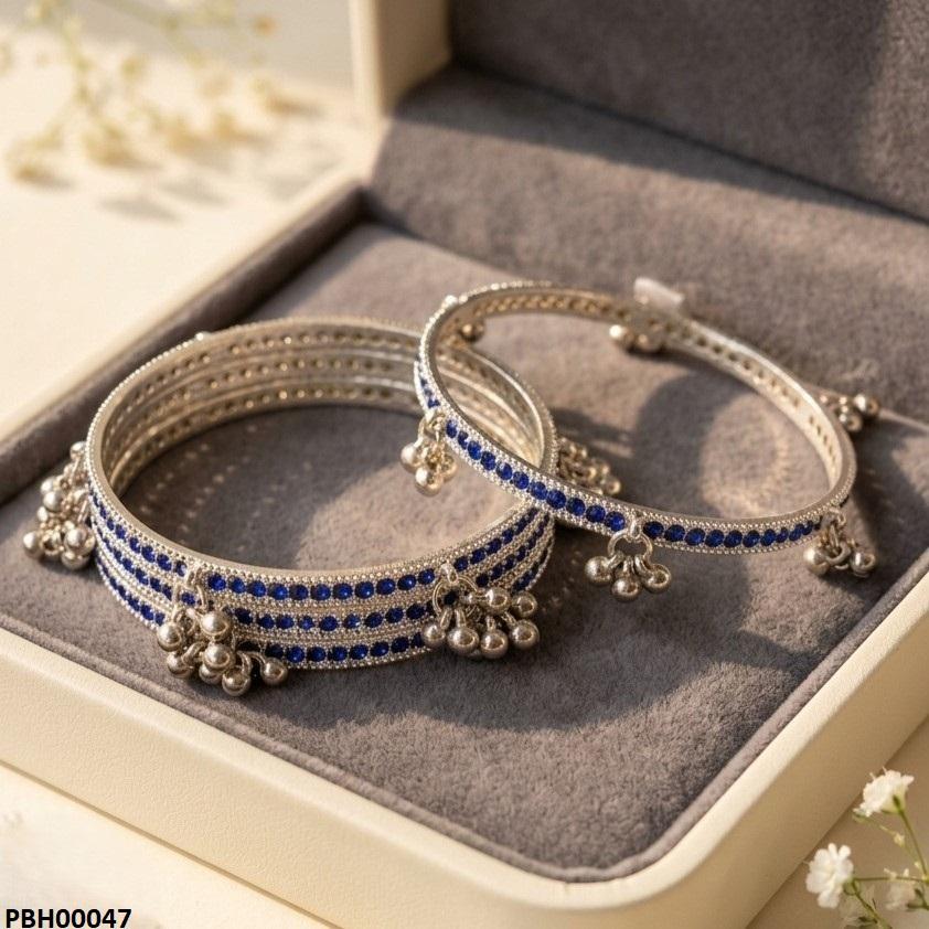 Blue Stone Pearl Drop Kashmiri Bangles Set