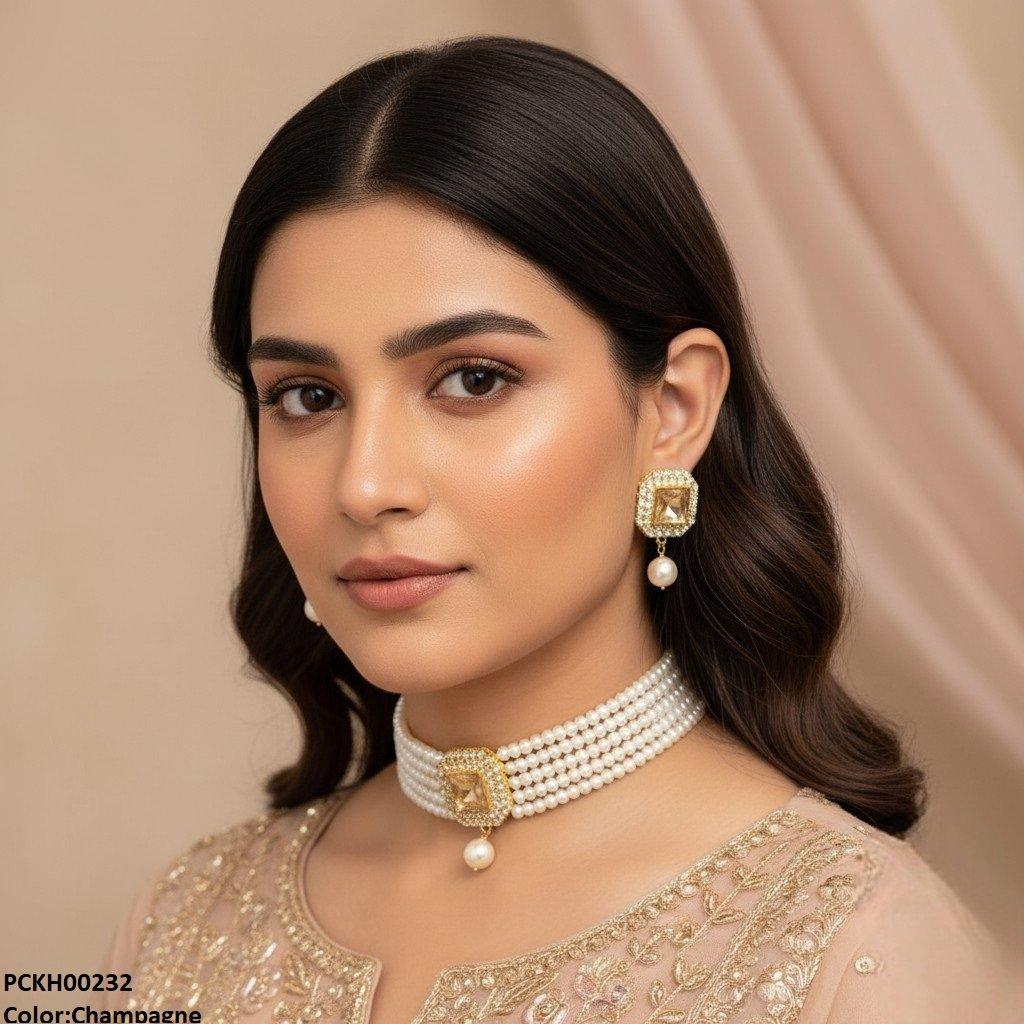 Square Pearl Drop Choker Set