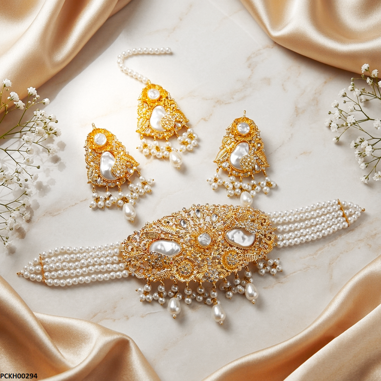 Round Flower Pearl Drop Choker Set