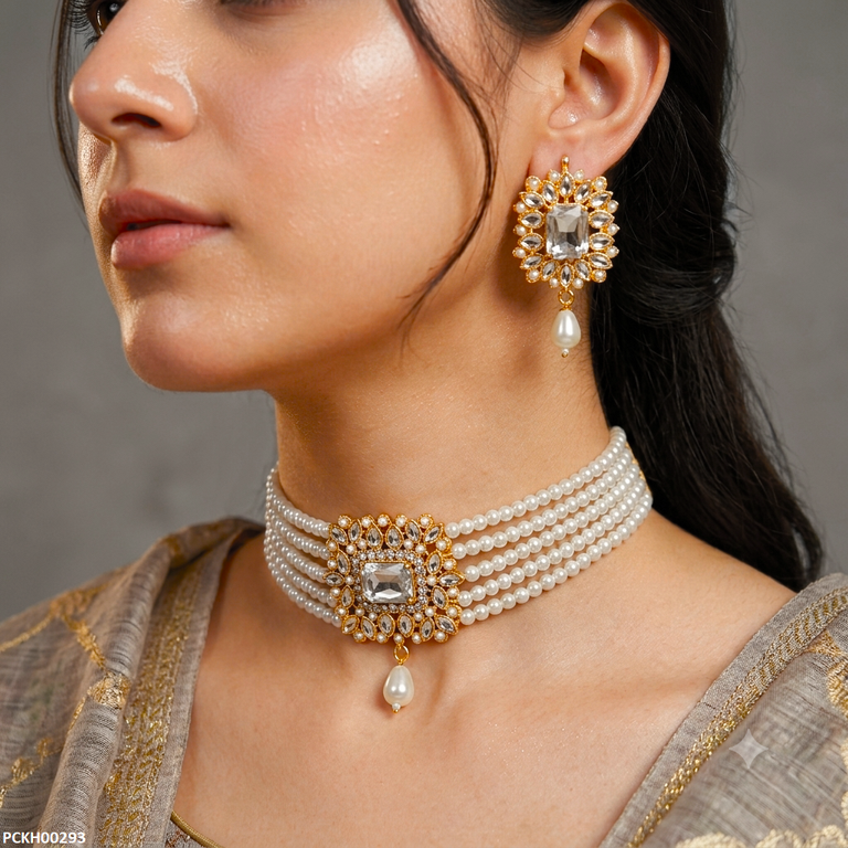 Square Stone Pearl Drop Choker Set