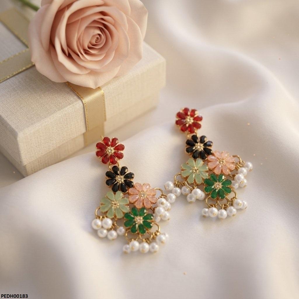 Multi Flower Pearl Drop Earrings