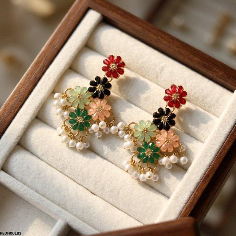 Multi Flower Pearl Drop Earrings