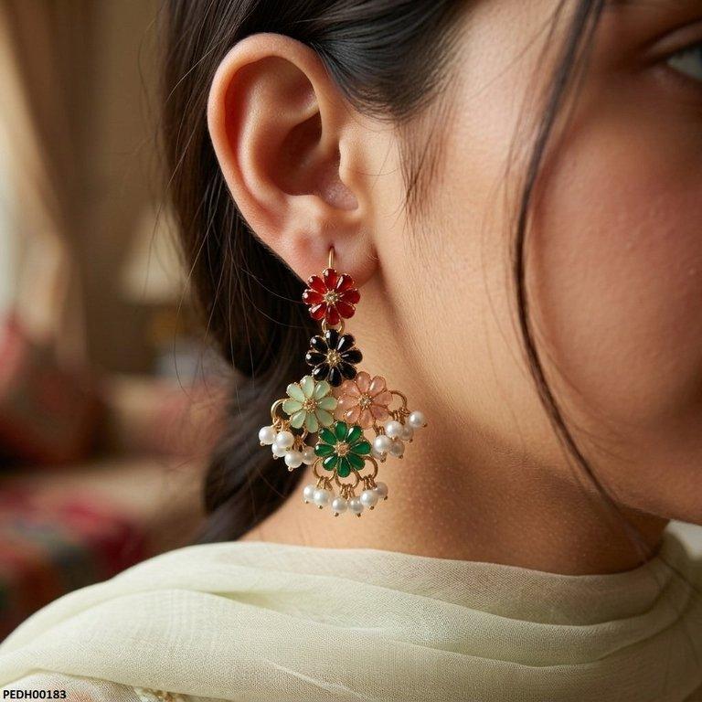 Multi Flower Pearl Drop Earrings