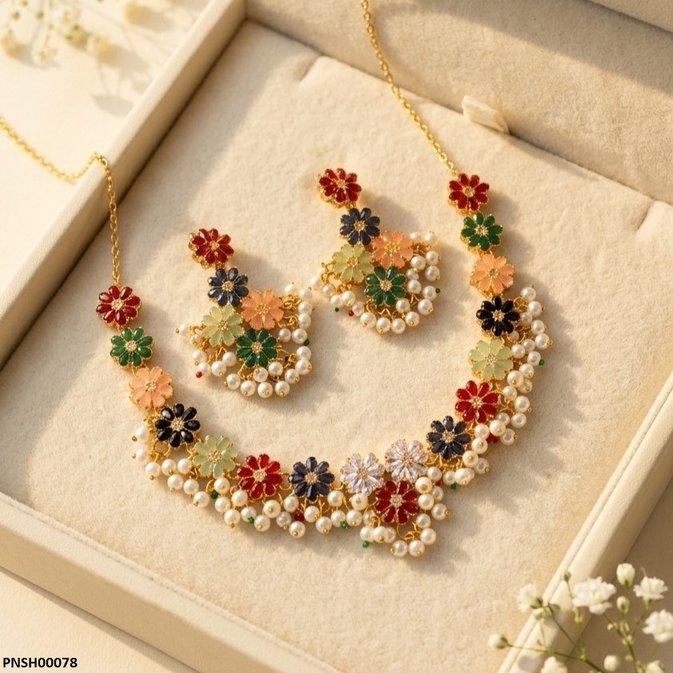 Multi Flower Pearl Drop Necklace Set