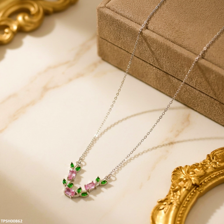 Tulip Leaf Pink/Green Stone Pendant With Chain