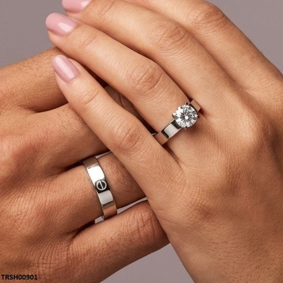Stainless Steel Round Stone Couple Ring