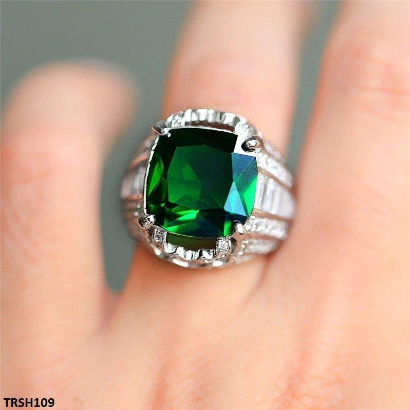 Green Cushion Cathedral Ring