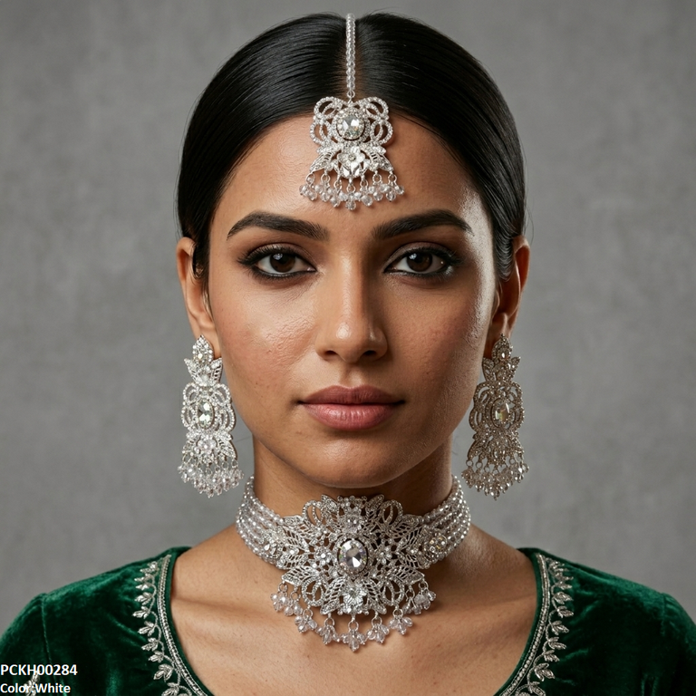 Round Flower Pearl Drop Choker Set