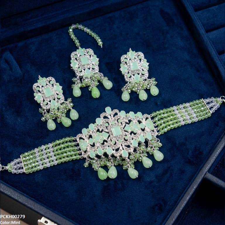 Rectangle Flower Pearl Drop Choker Set