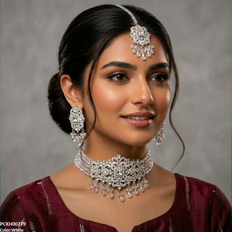 Rectangle Flower Pearl Drop Choker Set