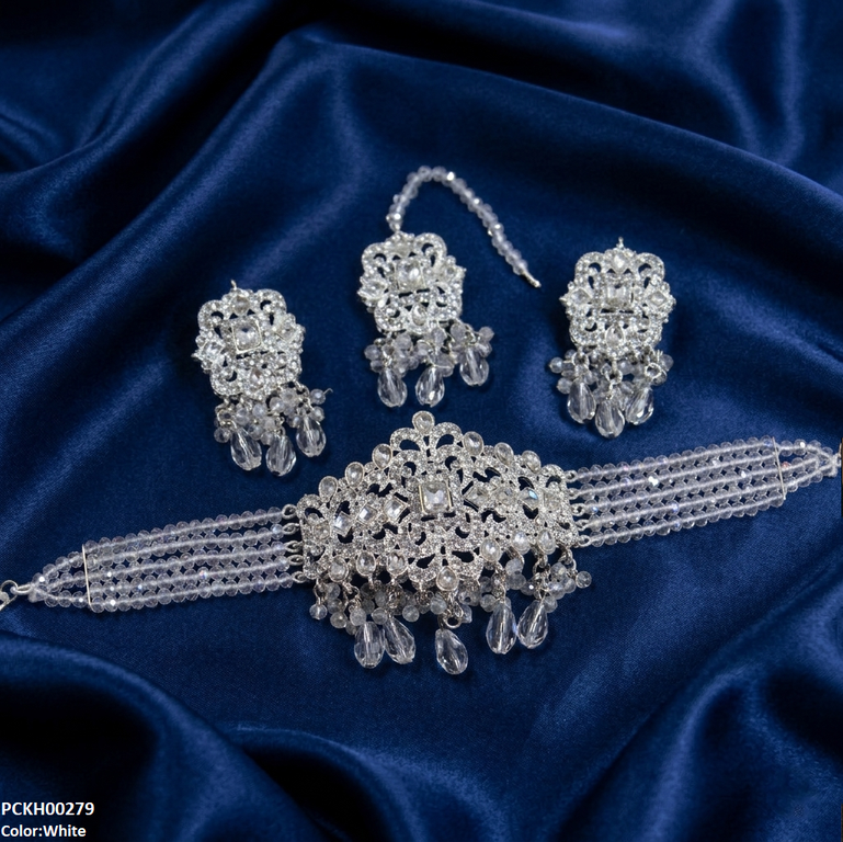 Rectangle Flower Pearl Drop Choker Set
