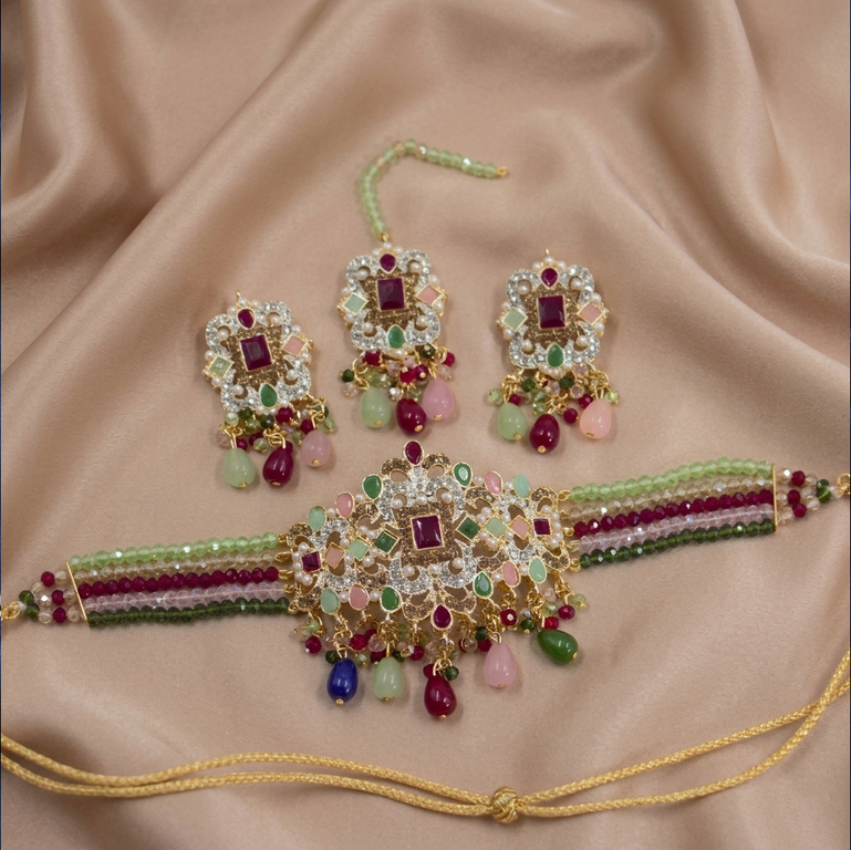 Rectangle Flower Pearl Drop Choker Set