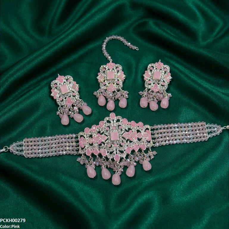 Rectangle Flower Pearl Drop Choker Set
