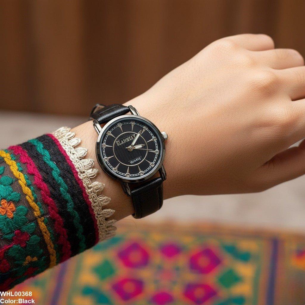Round Black Bezel Dial Women's Watch