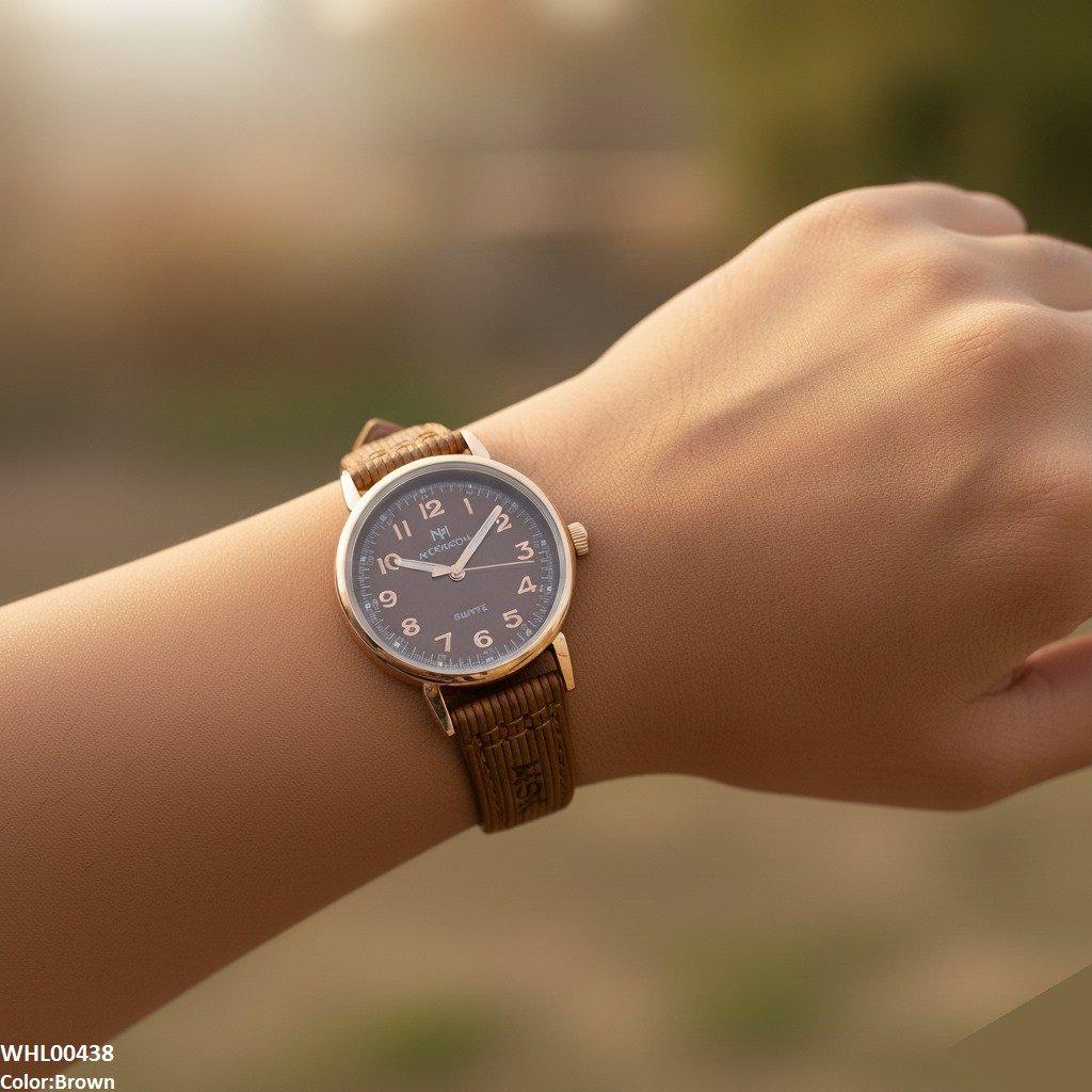 Round Leather Strap Women's Watch
