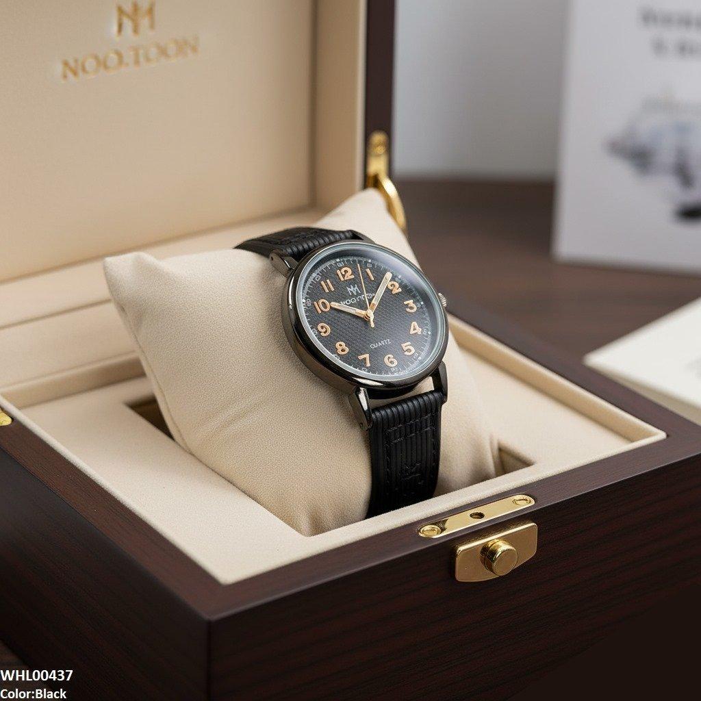 Round Black Bezel Numbering Dial Leather Strap Women's Watch