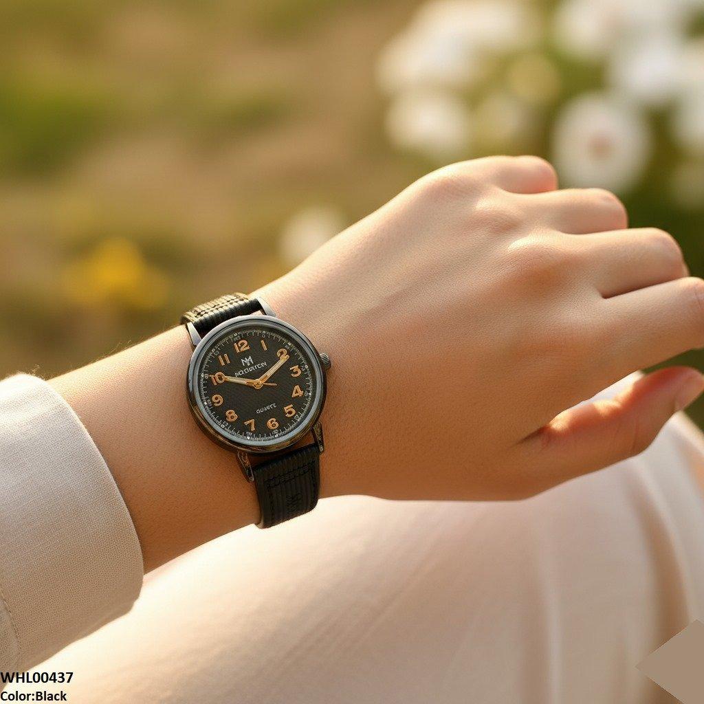 Round Black Bezel Numbering Dial Leather Strap Women's Watch