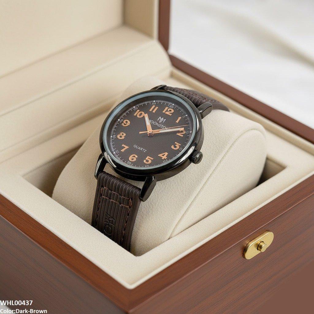 Round Black Bezel Numbering Dial Leather Strap Women's Watch