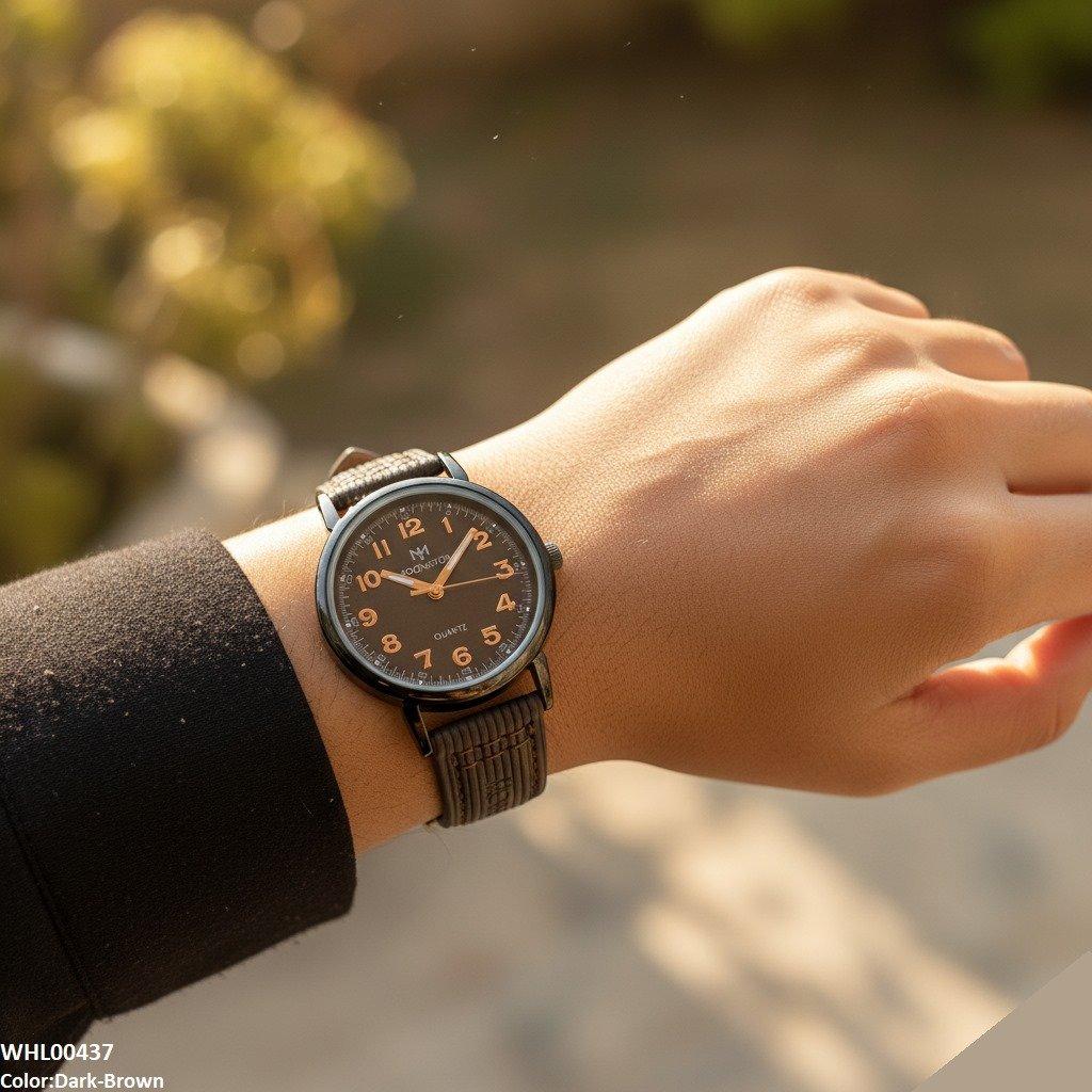 Round Black Bezel Numbering Dial Leather Strap Women's Watch