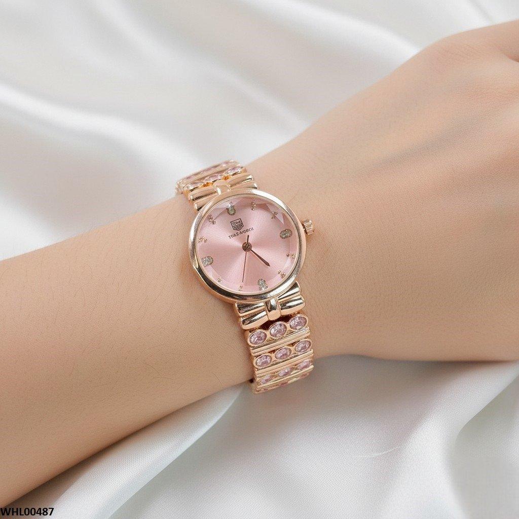 Round Pink Stone Bracelet Women's Watch