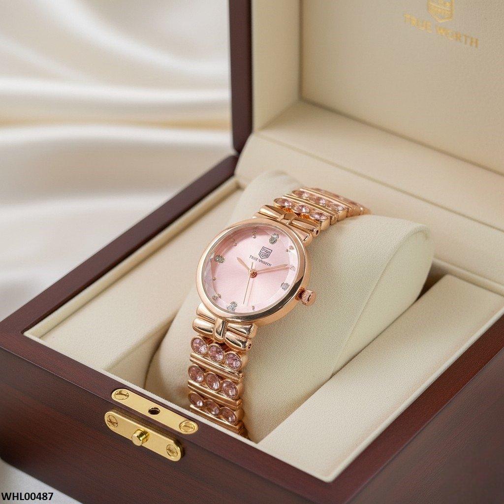Round Pink Stone Bracelet Women's Watch
