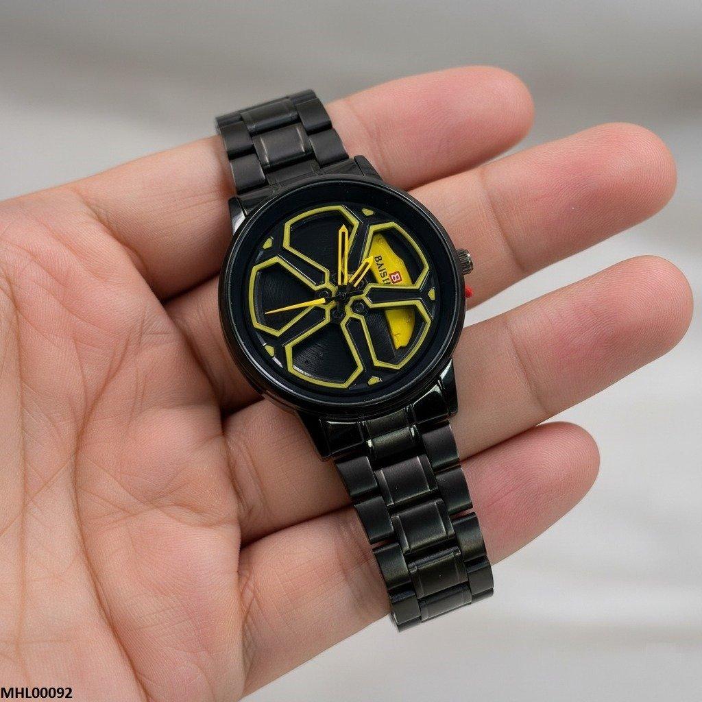 Round Car Wheel Yellow Rim Men's Watch