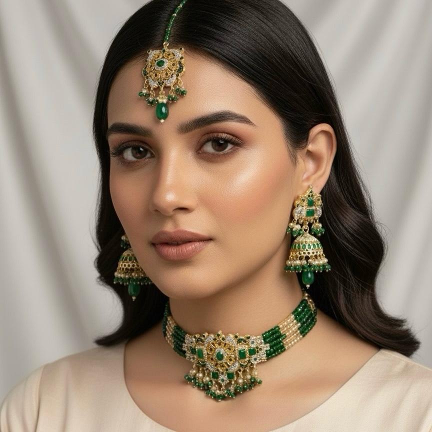 Oval/Rectangle Flower Pearl Drop Choker Set