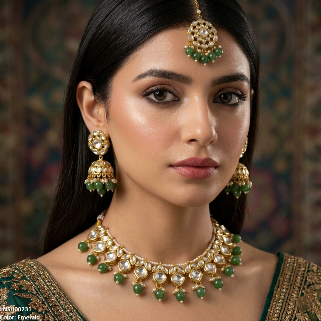 Marquise/Square Stone Pearl Drop Rajwari Necklace Set