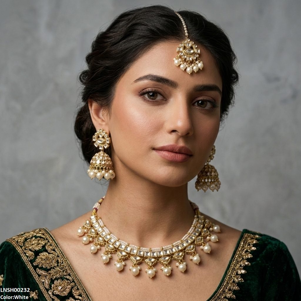 Square Stone Pearl Drop Rajwari Necklace Set