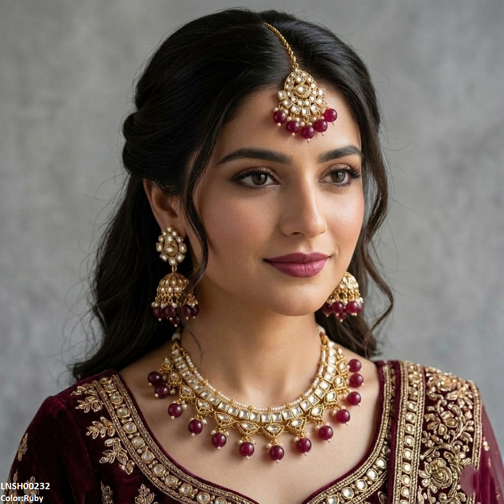 Square Stone Pearl Drop Rajwari Necklace Set