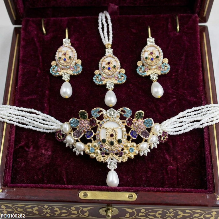 Multi Flower Pearl Drop Choker Set